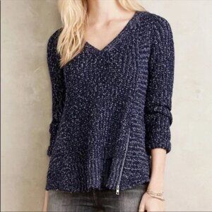 Moth | Blue Marled V Neck Chunky Zipper Sweater